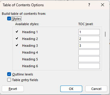 TOC Options Dialog